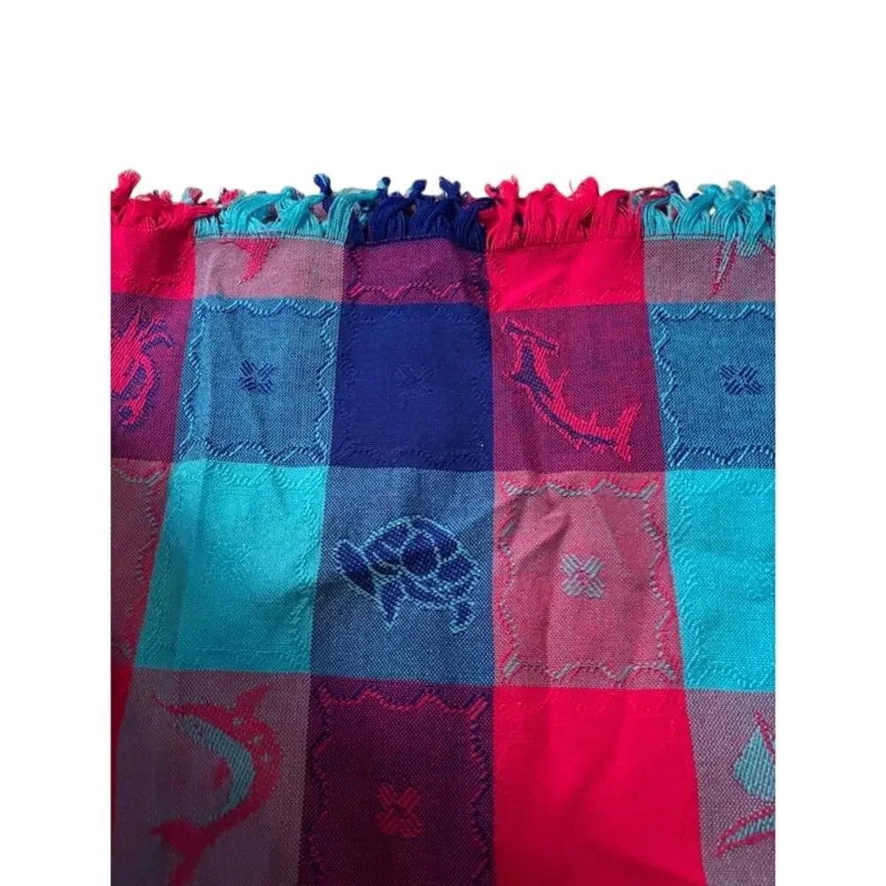 Mexican multicolor squares fringed tablecloth / bedspread Nautical Ocean 58 x 84